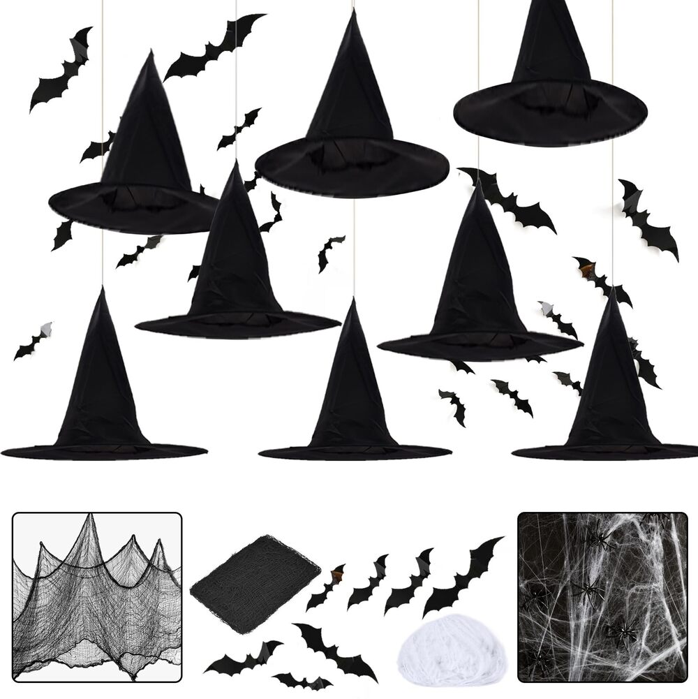 9455 Halloween Witches Hat XL Kit - 8 PCS Black Witch Hats with Hanging